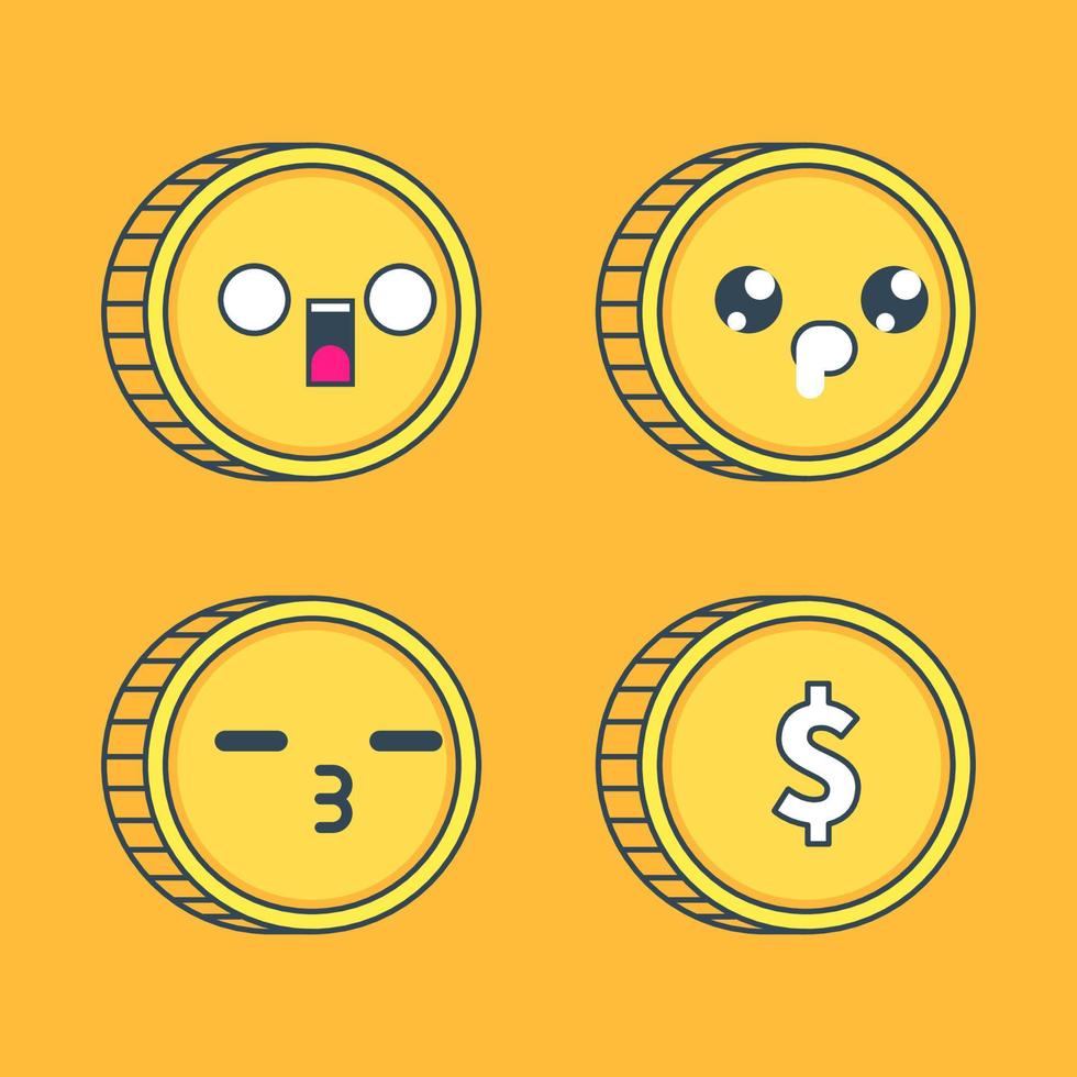 Doodle Coin Character Set With Various Expressions Vector Illustration