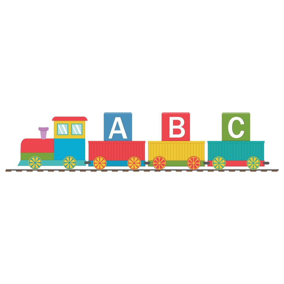 Wooden train with cars and letters ABC, back to school, color vector illustration in flat style