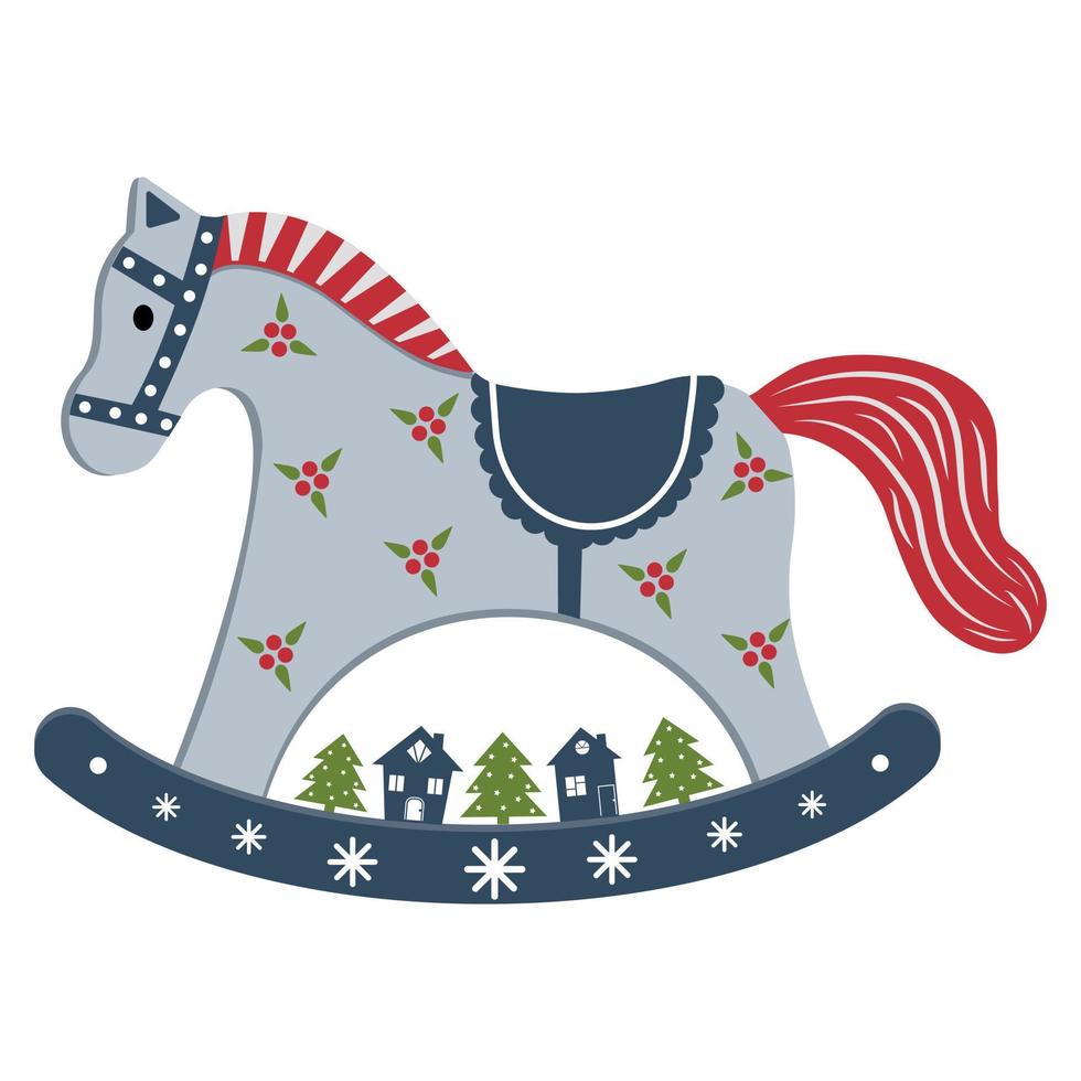 Christmas toy for the Christmas tree rocking horse in vintage style with a symbol of the New Year. Vector illustration isolated on a white background.