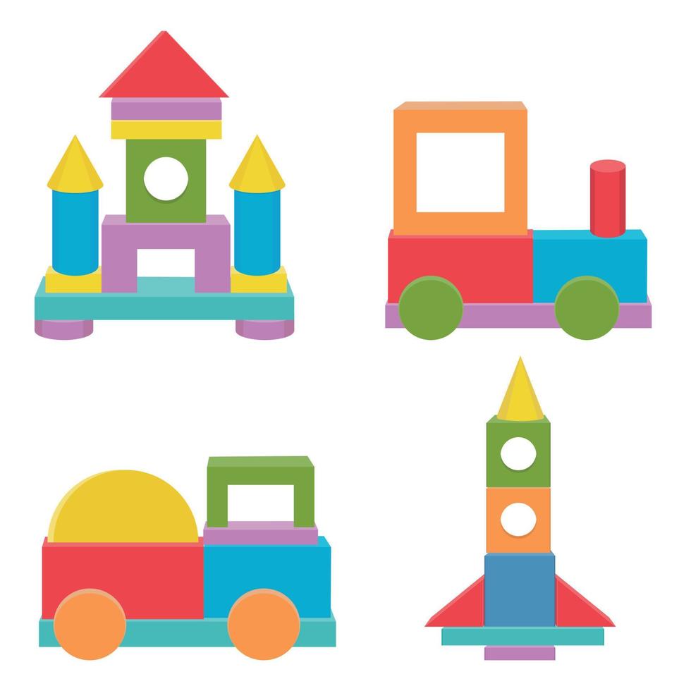 Construction of Transport from colored wooden cubes, vector isolated illustration in the flat style