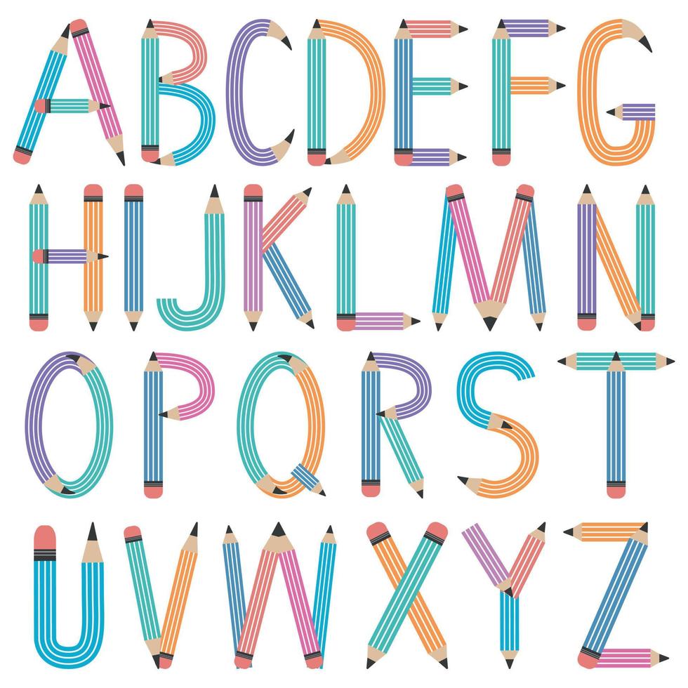 English alphabet of colored pencils, letters, color isolated vector illustration