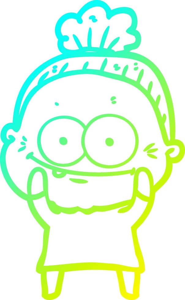 cold gradient line drawing cartoon happy old woman vector