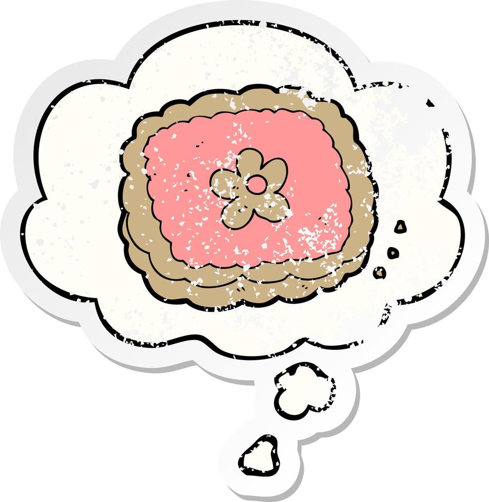 cartoon biscuit and thought bubble as a distressed worn sticker vector