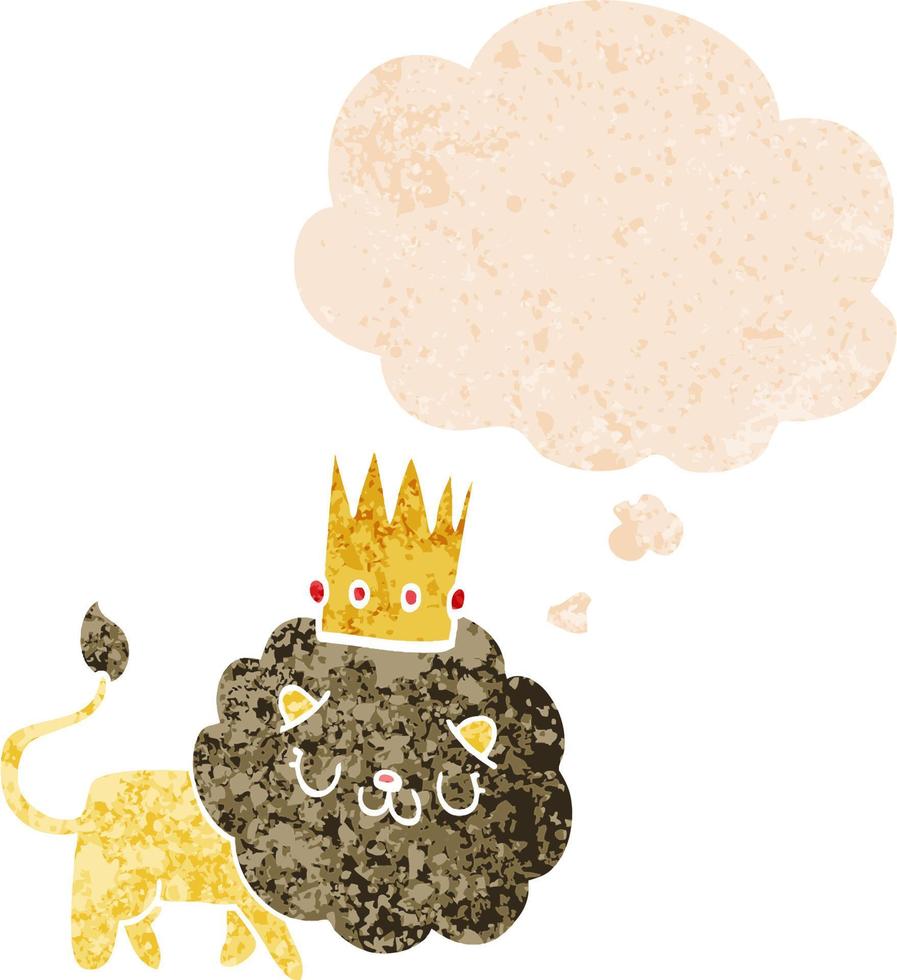 cartoon lion with crown and thought bubble in retro textured style vector