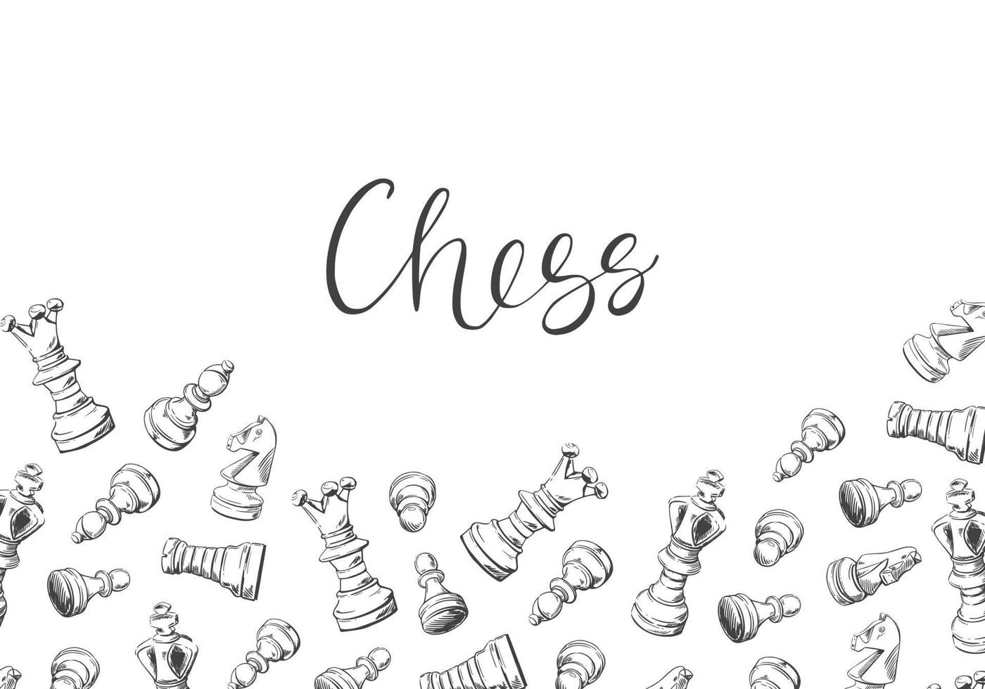 pancarta con piezas de ajedrez. trasfondo del juego intelectual. ilustración vectorial dibujada a mano para un club de ajedrez, banner de torneos, marco, fondo de folleto vector