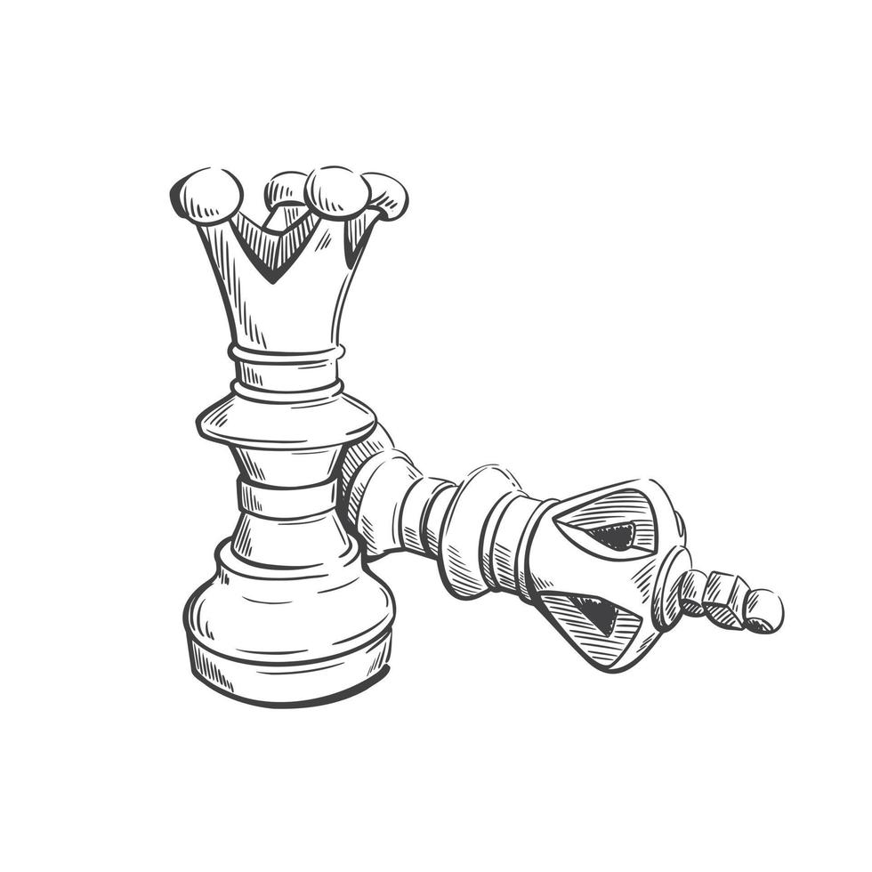 Chess pieces king and queen drawn in sketch style. Elements of the game. Vector hand-drawn illustration.