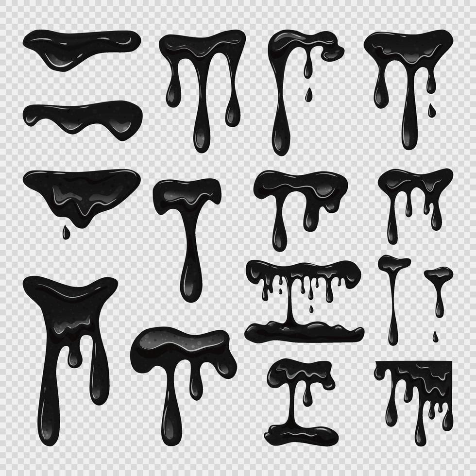 Black flowing slime set on  background. Viscous liquid, oil. Vector cartoon illustration. Vector illustration