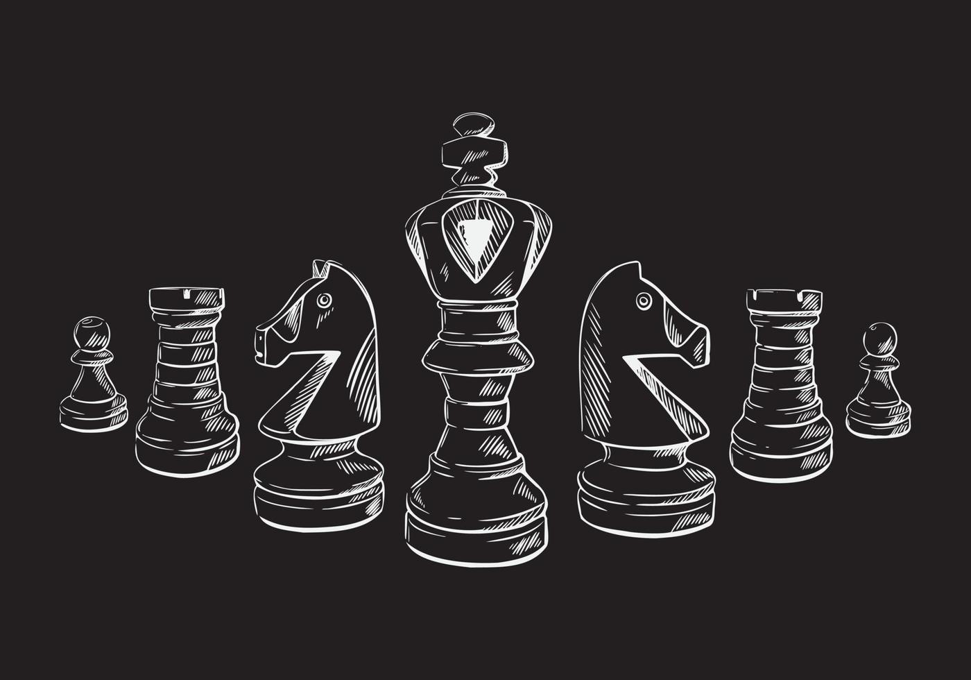 Chess pieces in sketch style on a black isolated background. Chess club web background. Hand-drawn vector illustration.