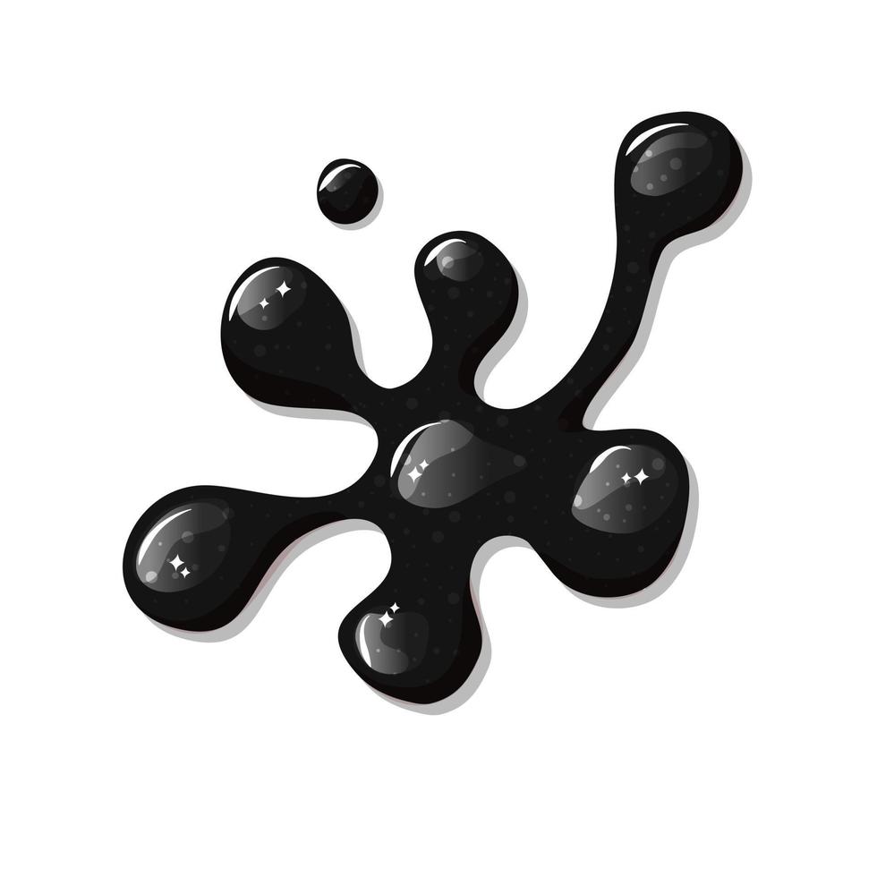 Black slime, liquid spill on a white isolated background . Puddle of petroleum. Vector cartoon illustration.