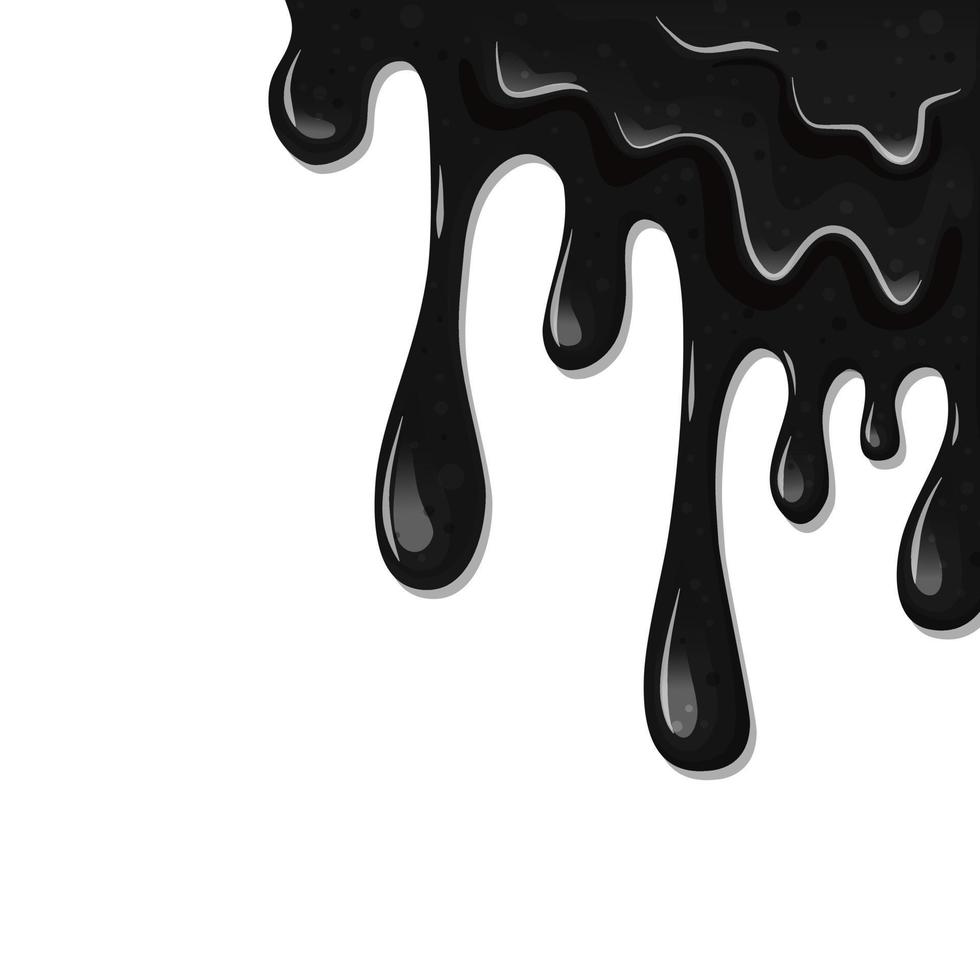 Black viscous flowing liquid oil, petroleum on a white isolated background. Dripping slime. Vector cartoon illustration