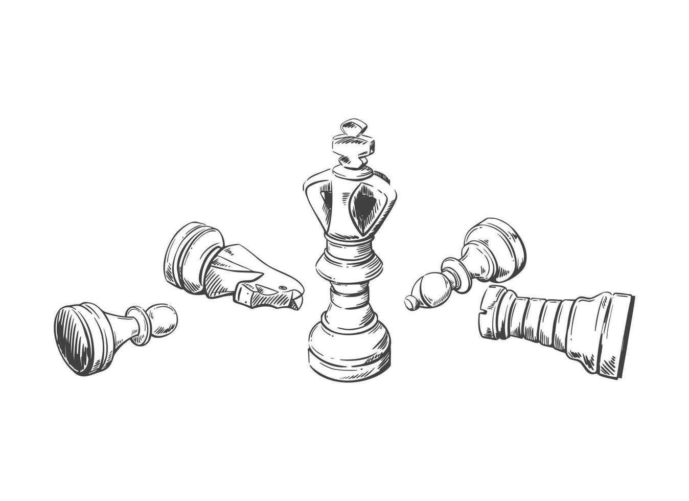 Five chess pieces in sketch style. Hand-drawn vector illustration.