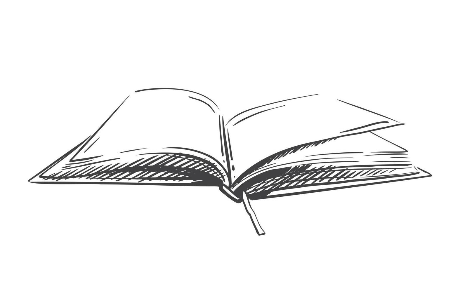 Open book with bookmark sketch. Notepad, diary vector illustration on a white isolated background. Drawn.