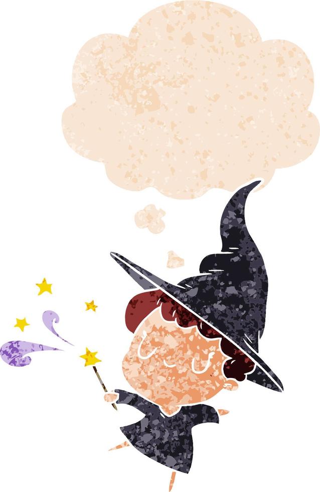 cartoon witch and thought bubble in retro textured style vector