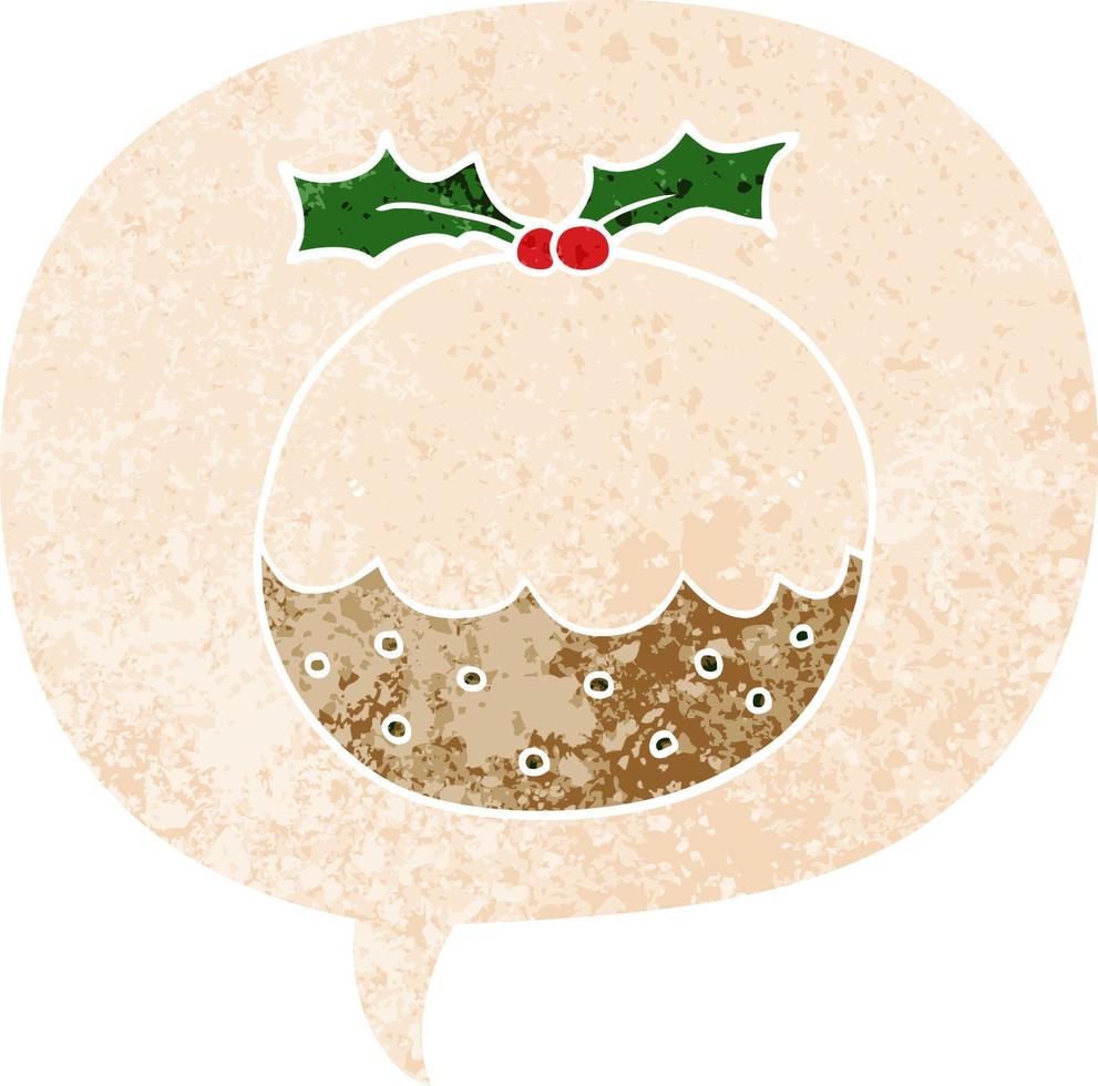 cartoon christmas pudding and speech bubble in retro textured style vector