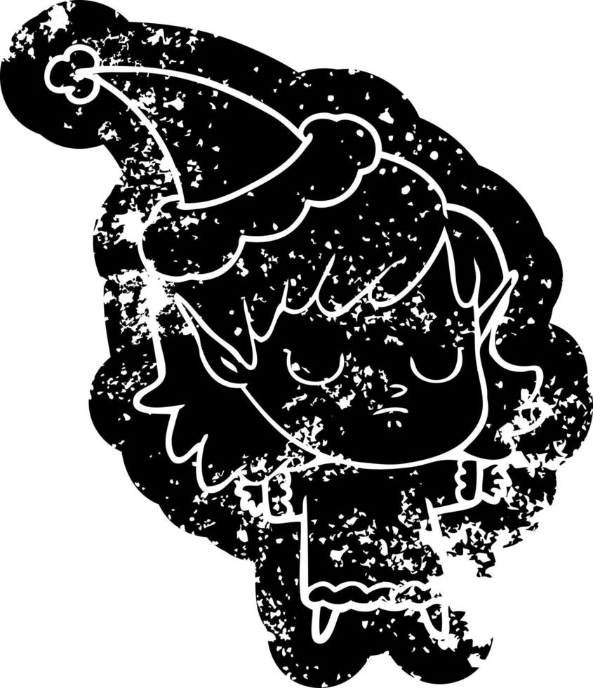 cartoon distressed icon of a elf girl wearing santa hat vector