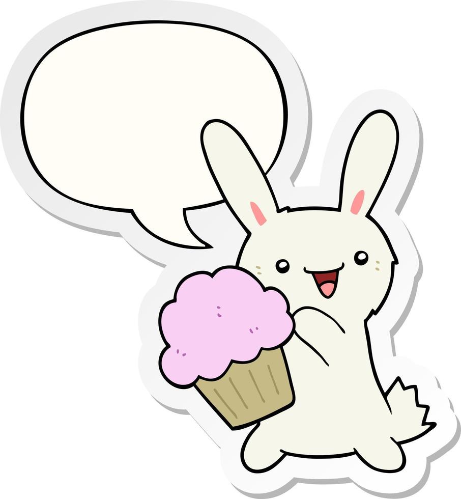 cute cartoon rabbit and muffin and speech bubble sticker vector