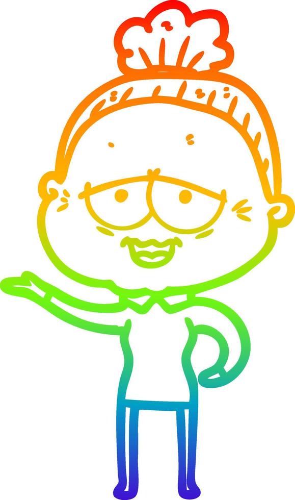 rainbow gradient line drawing cartoon happy old lady vector