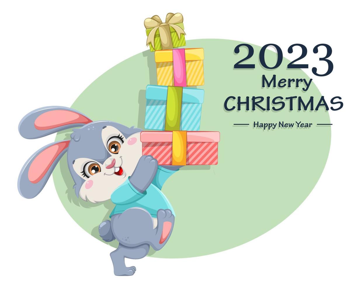 Merry Christmas and Happy New Year. Cartoon rabbit vector