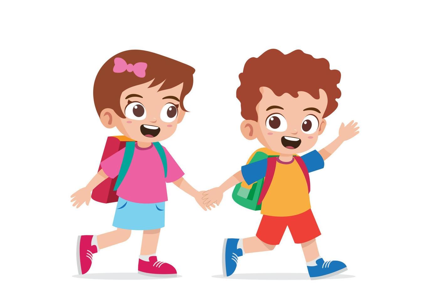 Cute boy and girl holding hands and go to school together vector