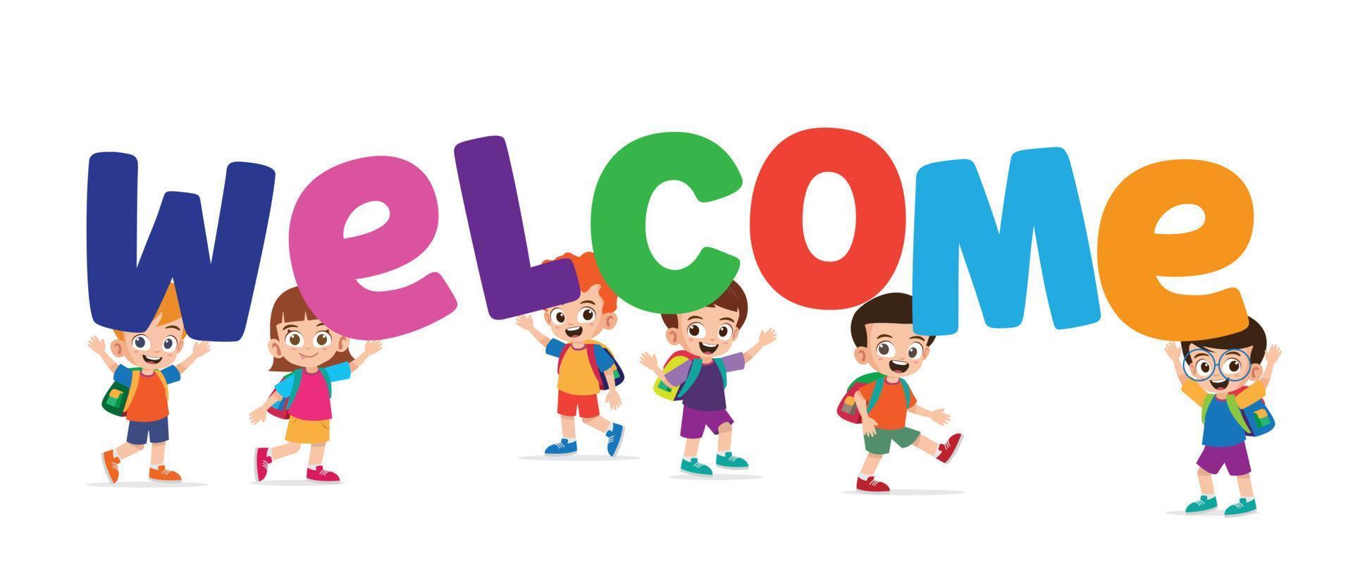 Happy group of kindergarten kids holding a welcome text vector ...