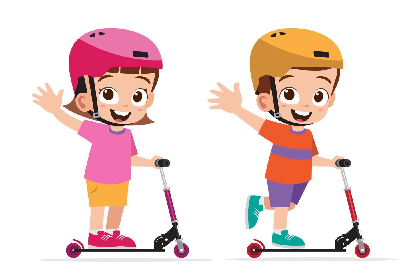 Cute little boy and gilr ride otoped scooter vector illustration