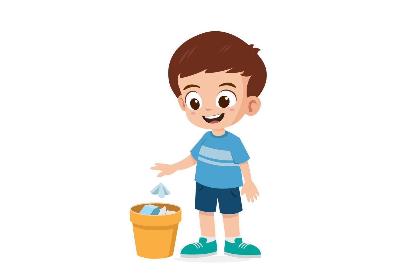 Cute little boy throwing tissue in the trash can vector illustration