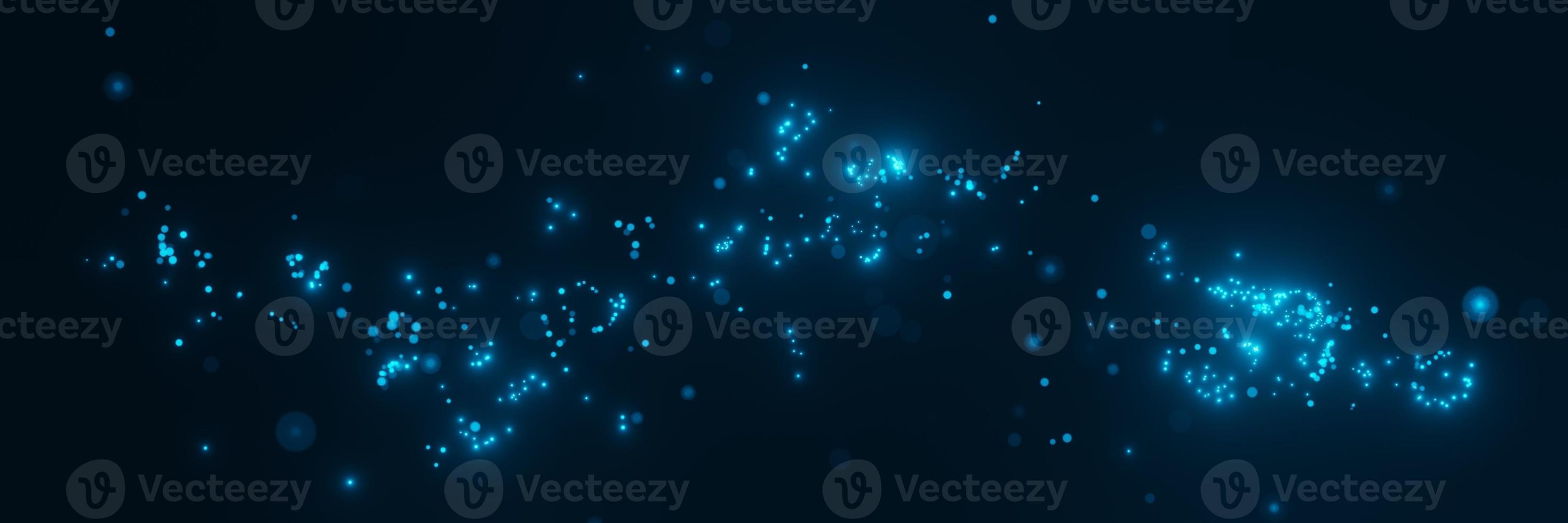 partículas brillantes azules abstractas borrosas en la representación 3d de fondo oscuro del panorama foto