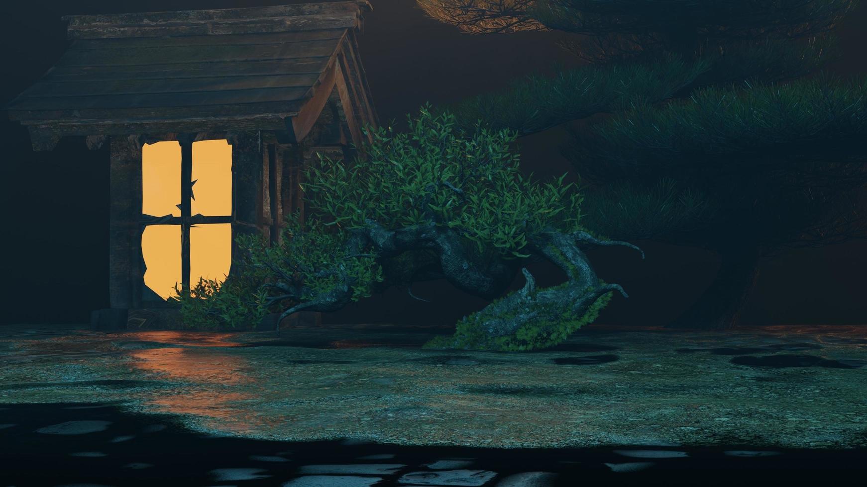 2 - Small house in Bonsai garden at night, Night view in beautiful nature garden photo