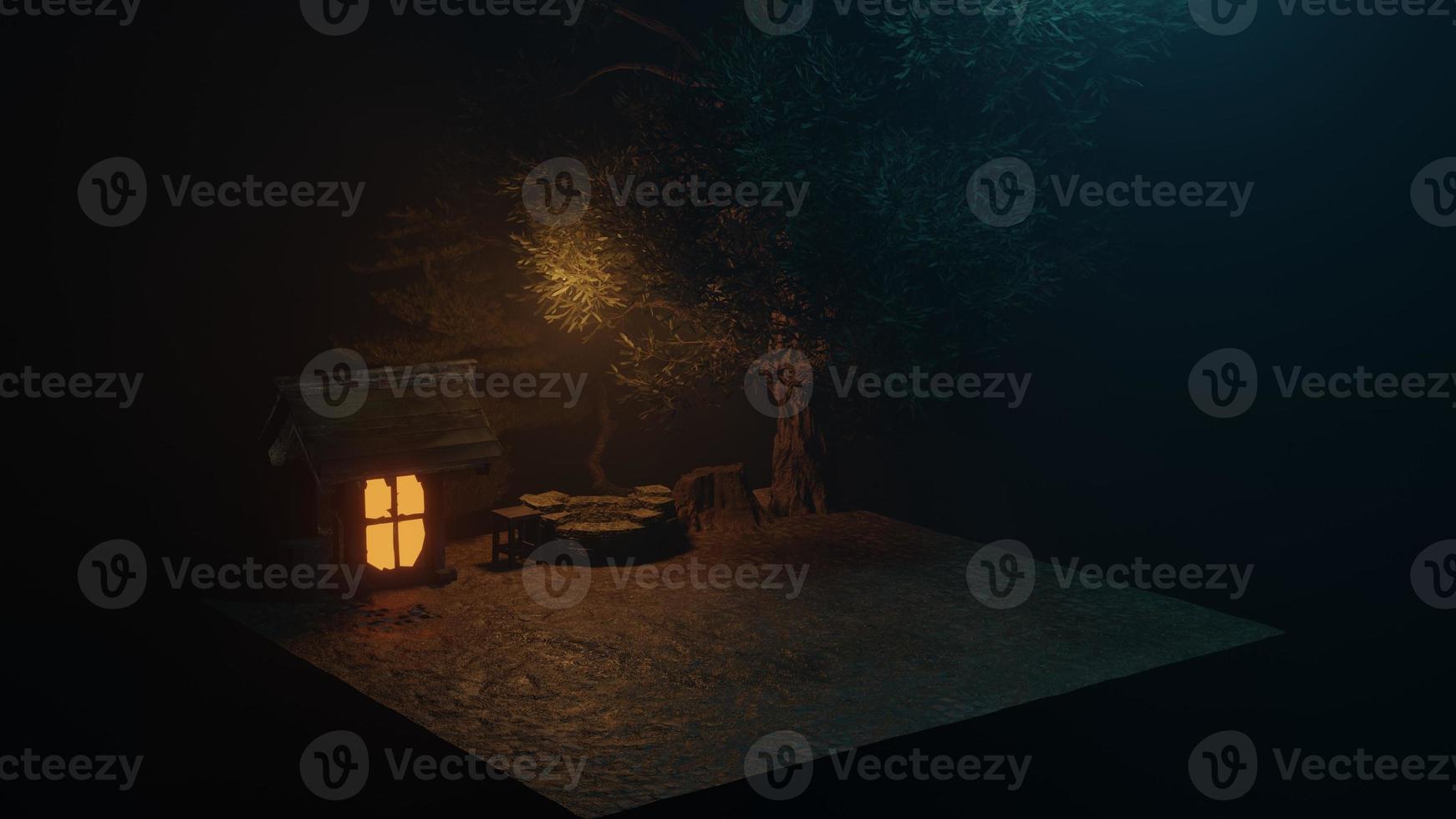 Warm scenery from the lights coming out of the cottage, The old house in the garden with the night well photo
