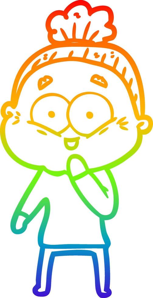 rainbow gradient line drawing cartoon happy old woman vector