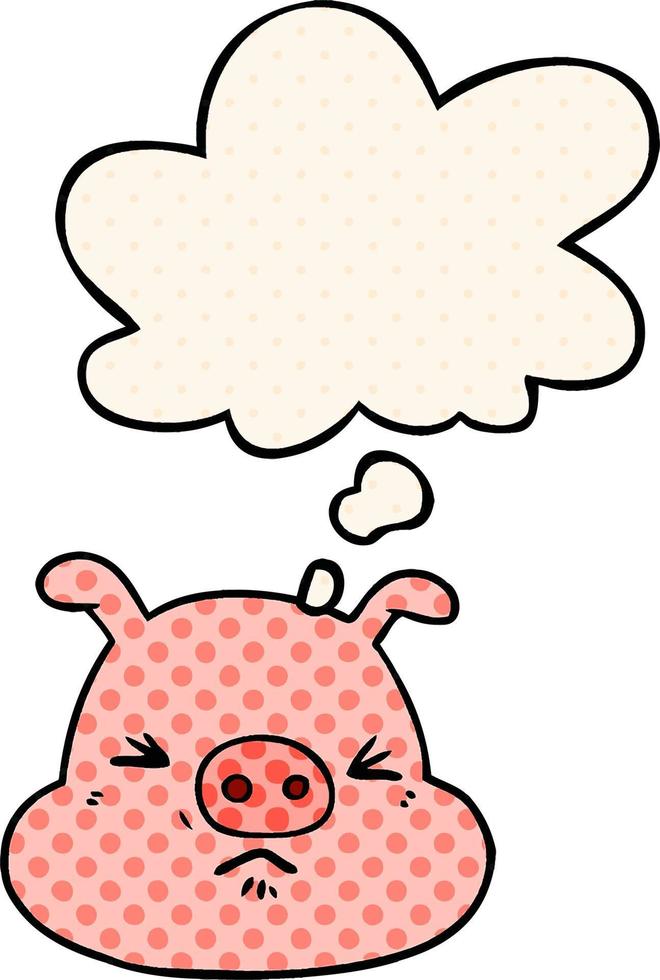 cartoon angry pig face and thought bubble in comic book style vector