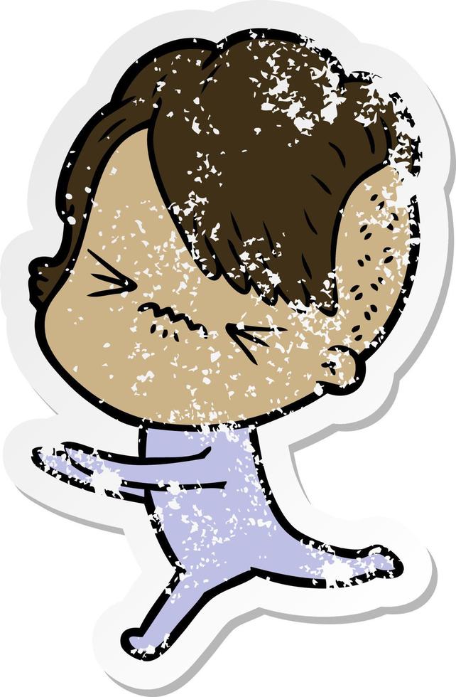 distressed sticker of a cartoon annoyed hipster girl vector