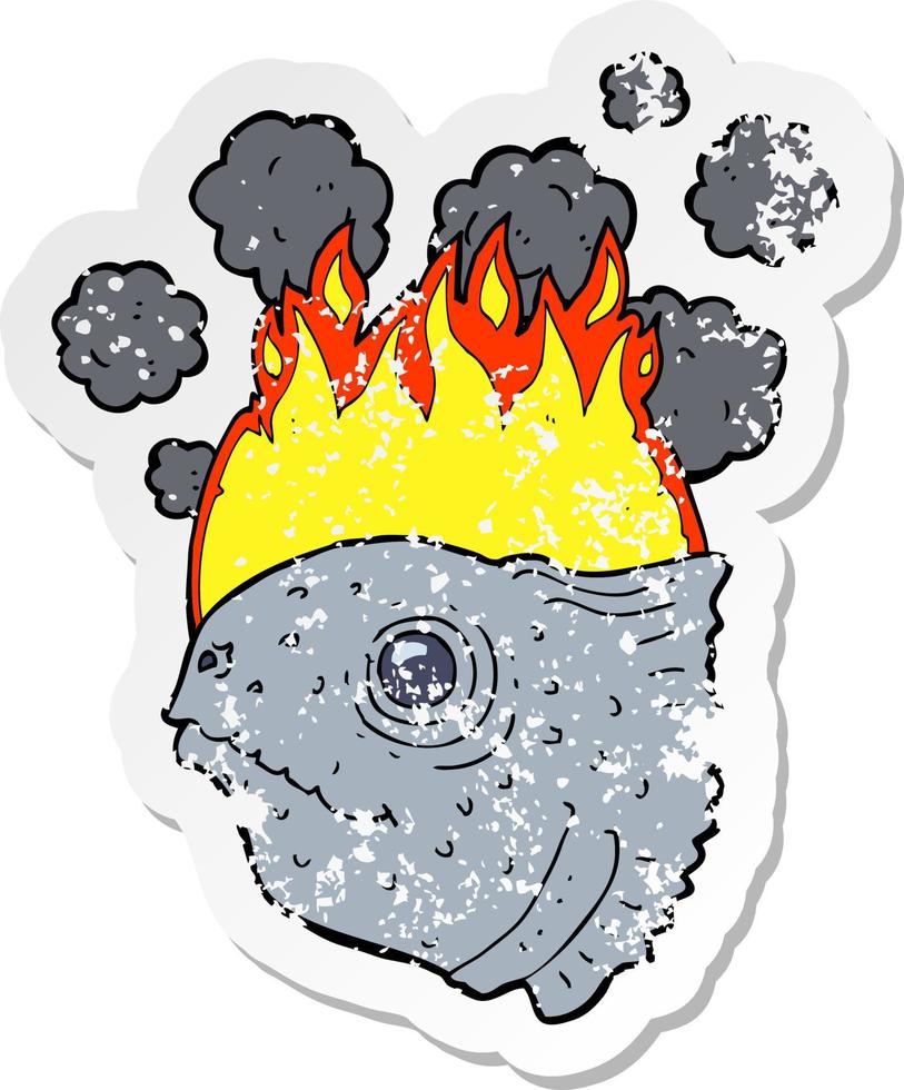 retro distressed sticker of a cartoon burning fish head vector