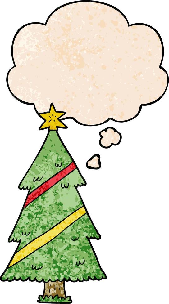 cartoon christmas tree and thought bubble in grunge texture pattern style vector