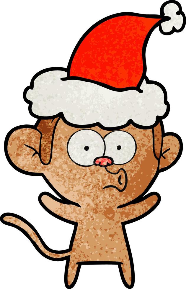 textured cartoon of a surprised monkey wearing santa hat vector