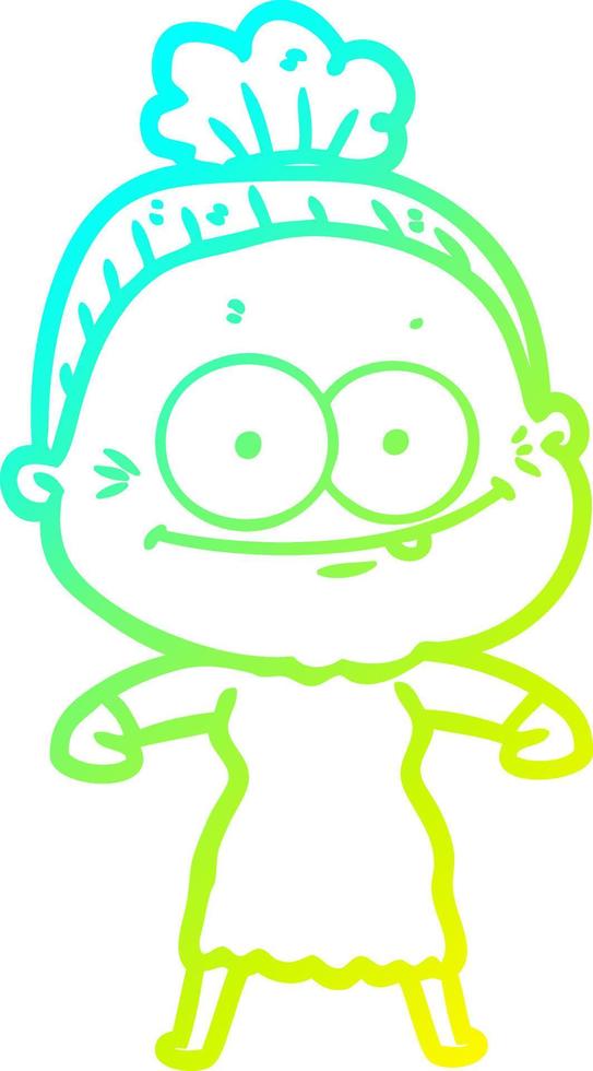 cold gradient line drawing cartoon happy old woman vector