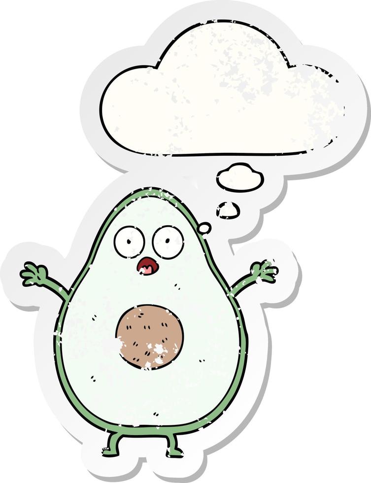 cartoon avocado and thought bubble as a distressed worn sticker vector