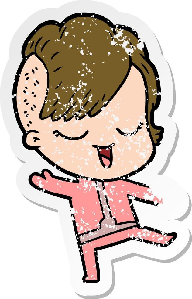 distressed sticker of a happy cartoon girl vector