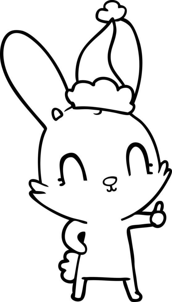 cute line drawing of a rabbit wearing santa hat vector