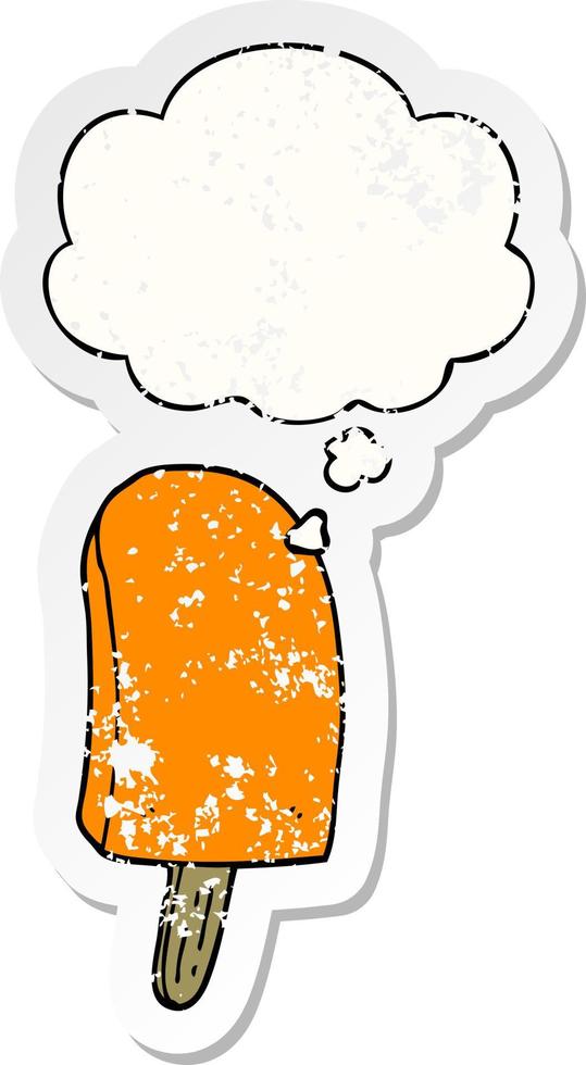 cartoon ice lolly and thought bubble as a distressed worn sticker vector