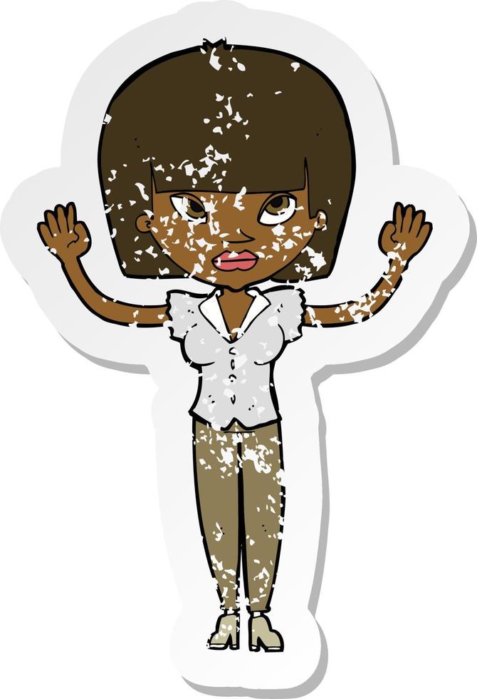 retro distressed sticker of a cartoon woman with raised hands vector