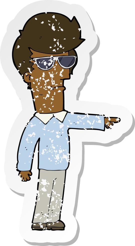 retro distressed sticker of a cartoon man in glasses pointing vector