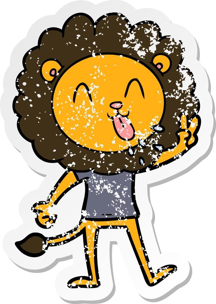 distressed sticker of a happy cartoon lion vector