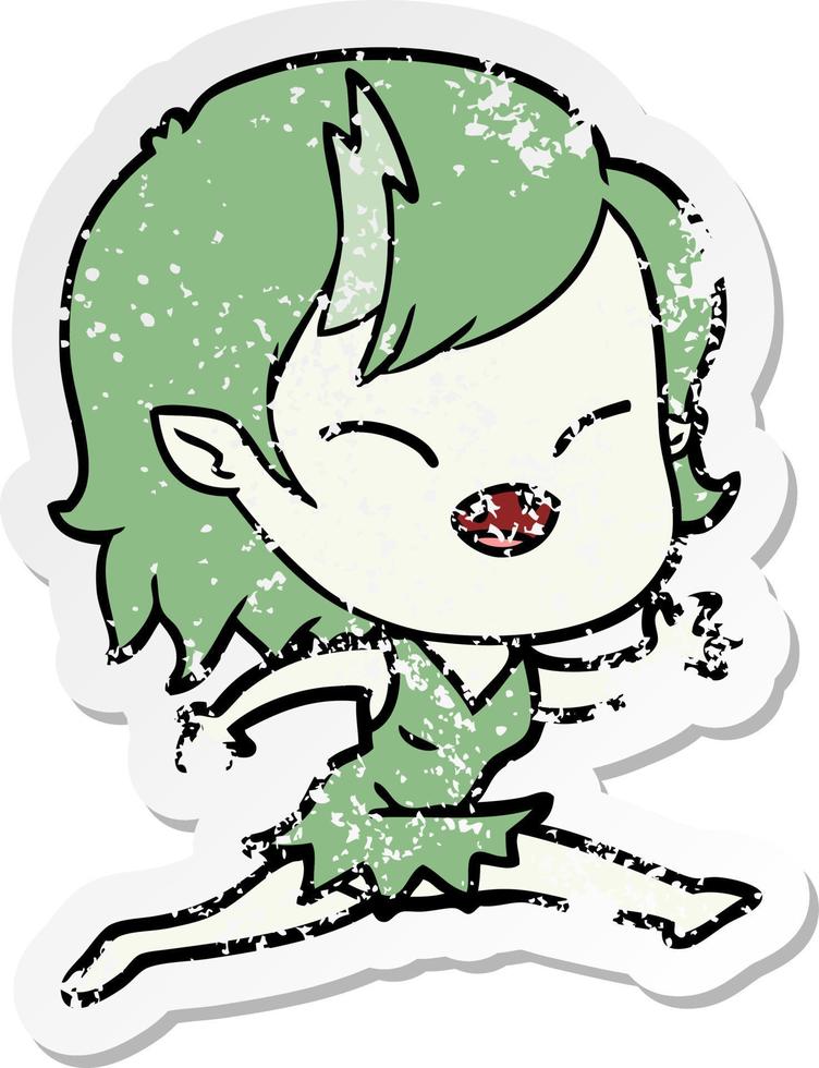 distressed sticker of a cartoon laughing vampire girl running vector