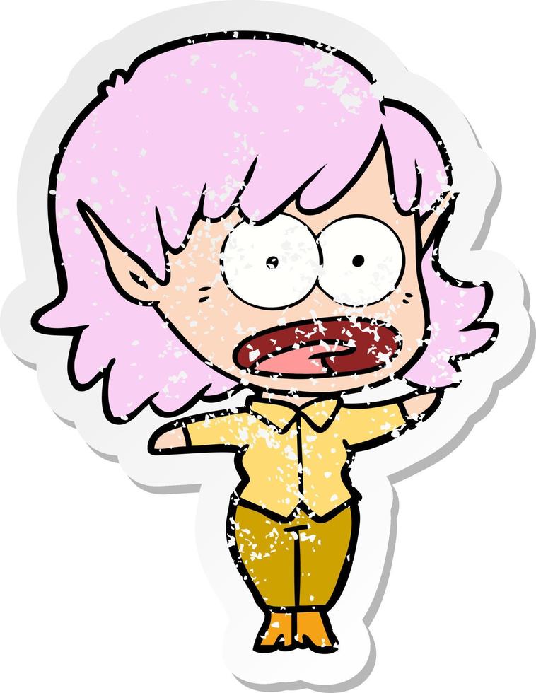 distressed sticker of a cartoon shocked elf girl vector