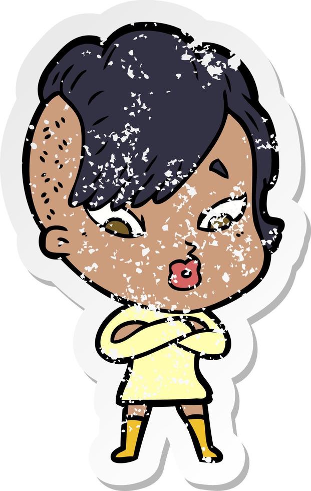 distressed sticker of a cartoon surprised girl vector