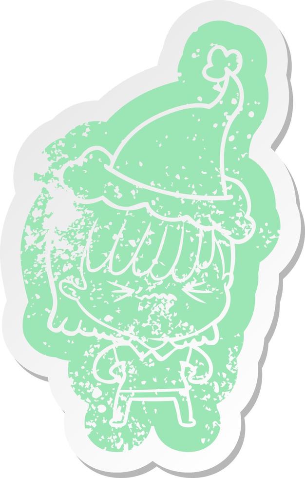 annoyed cartoon distressed sticker of a girl wearing santa hat vector