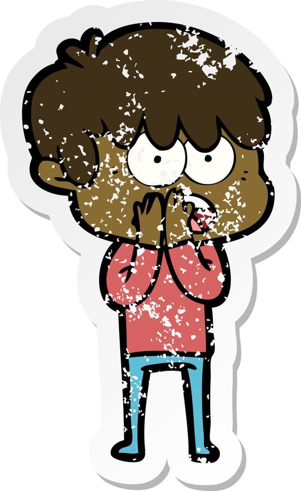 distressed sticker of a worried cartoon boy vector