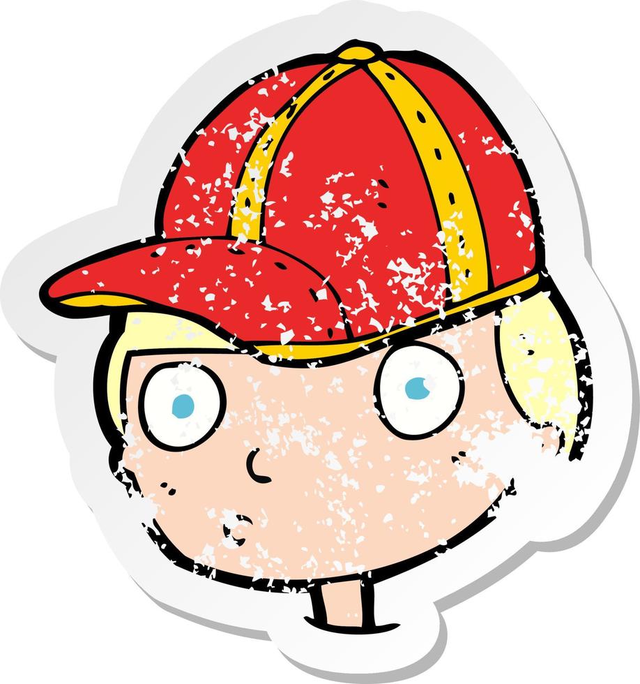 pegatina retro angustiada de un niño curioso de dibujos animados con gorra vector