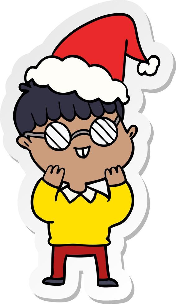 sticker cartoon of a boy wearing spectacles wearing santa hat vector